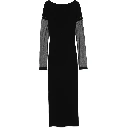 Sportmax Sleeve Button Detail Off-shoulder Ribbed Sheer Dress In Black