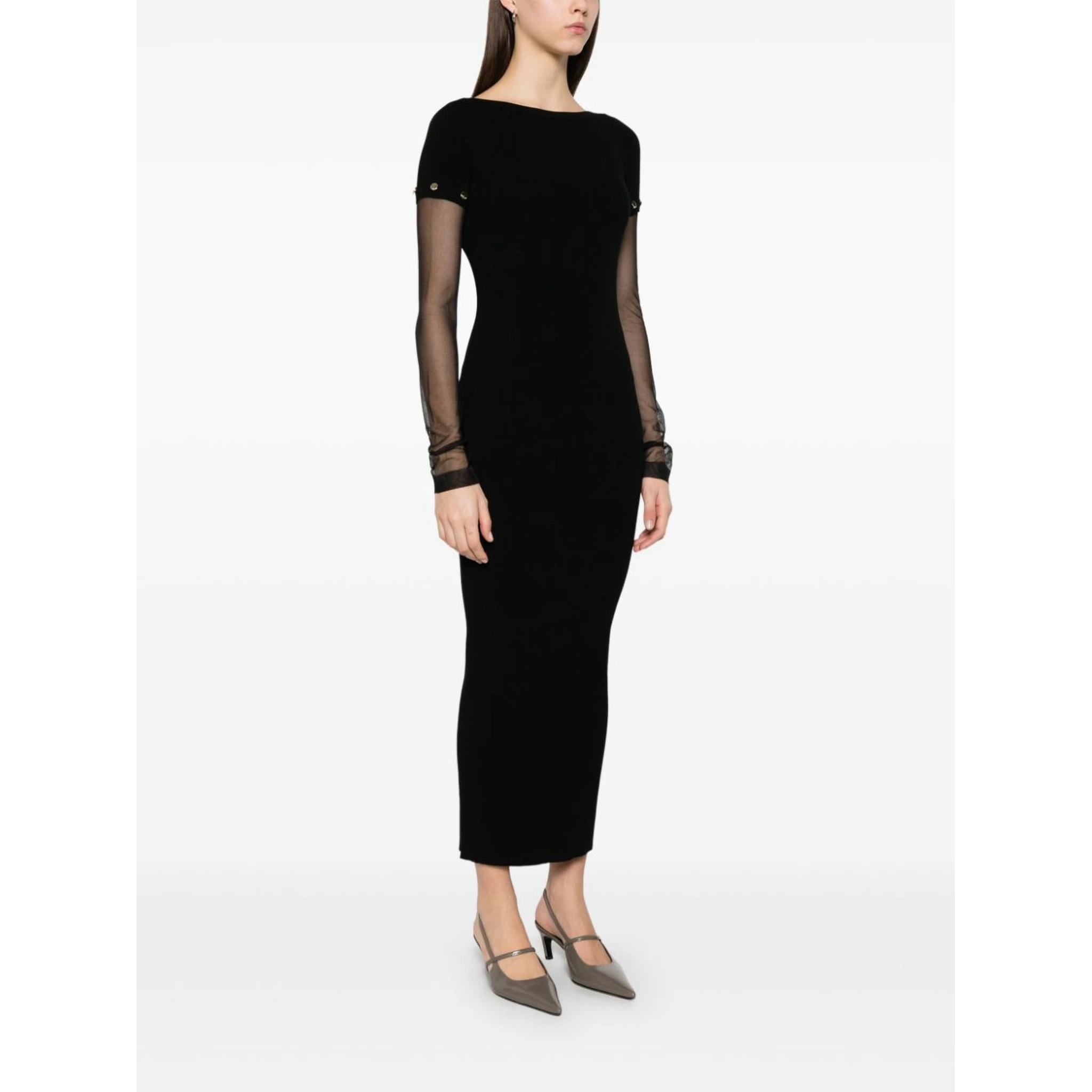 Sportmax Sleeve Button Detail Off-shoulder Ribbed Sheer Dress In Black