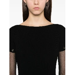 Sportmax Sleeve Button Detail Off-shoulder Ribbed Sheer Dress In Black