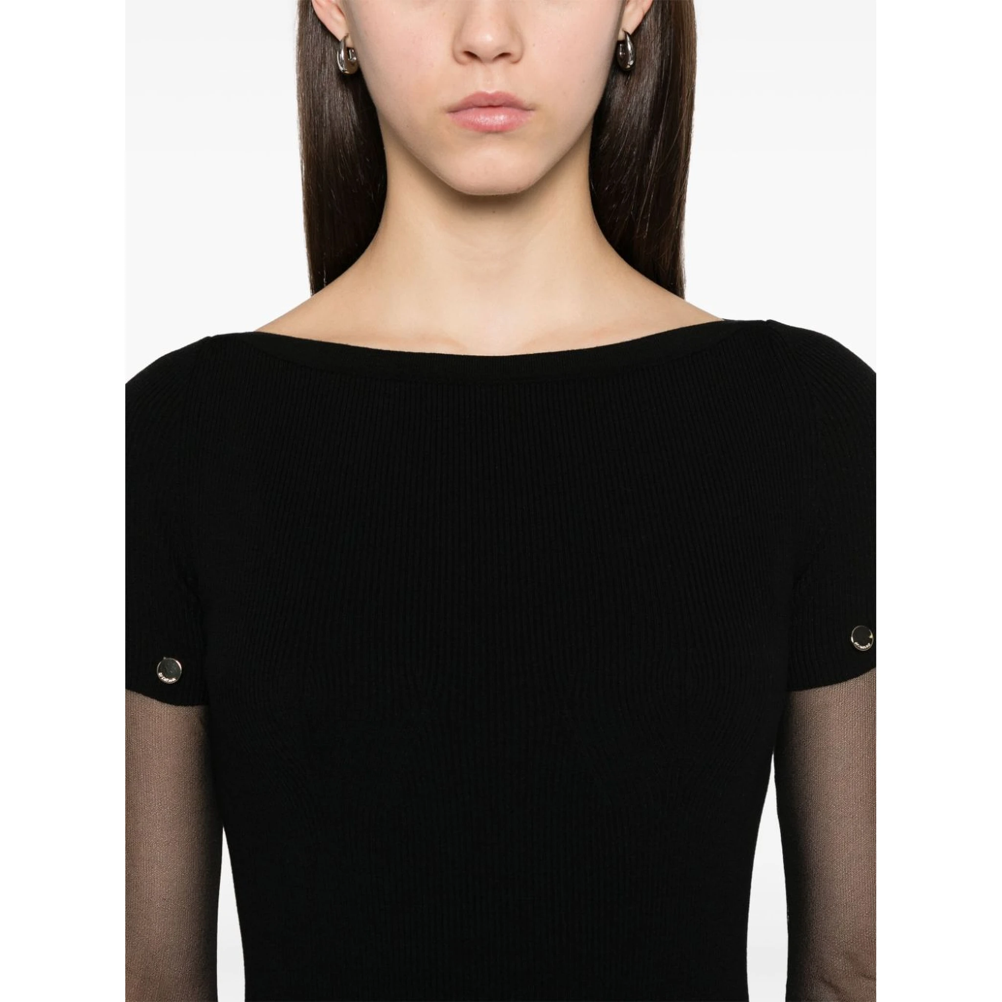 Sportmax Sleeve Button Detail Off-shoulder Ribbed Sheer Dress In Black