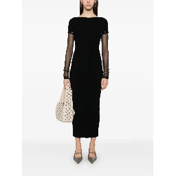 Sportmax Sleeve Button Detail Off-shoulder Ribbed Sheer Dress In Black