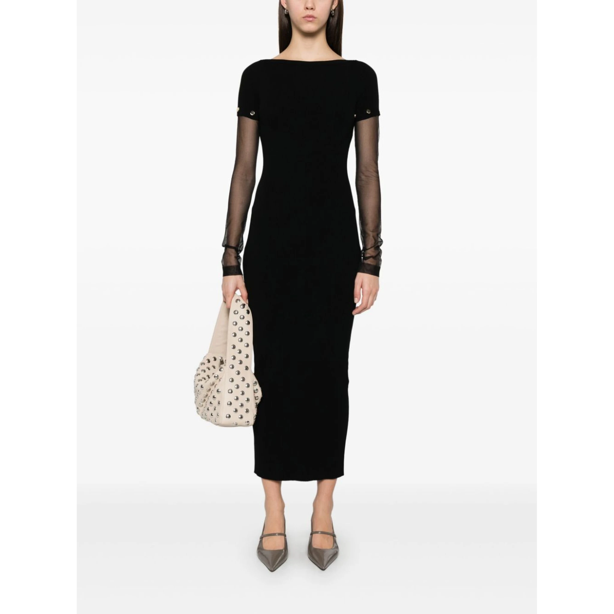 Sportmax Sleeve Button Detail Off-shoulder Ribbed Sheer Dress In Black