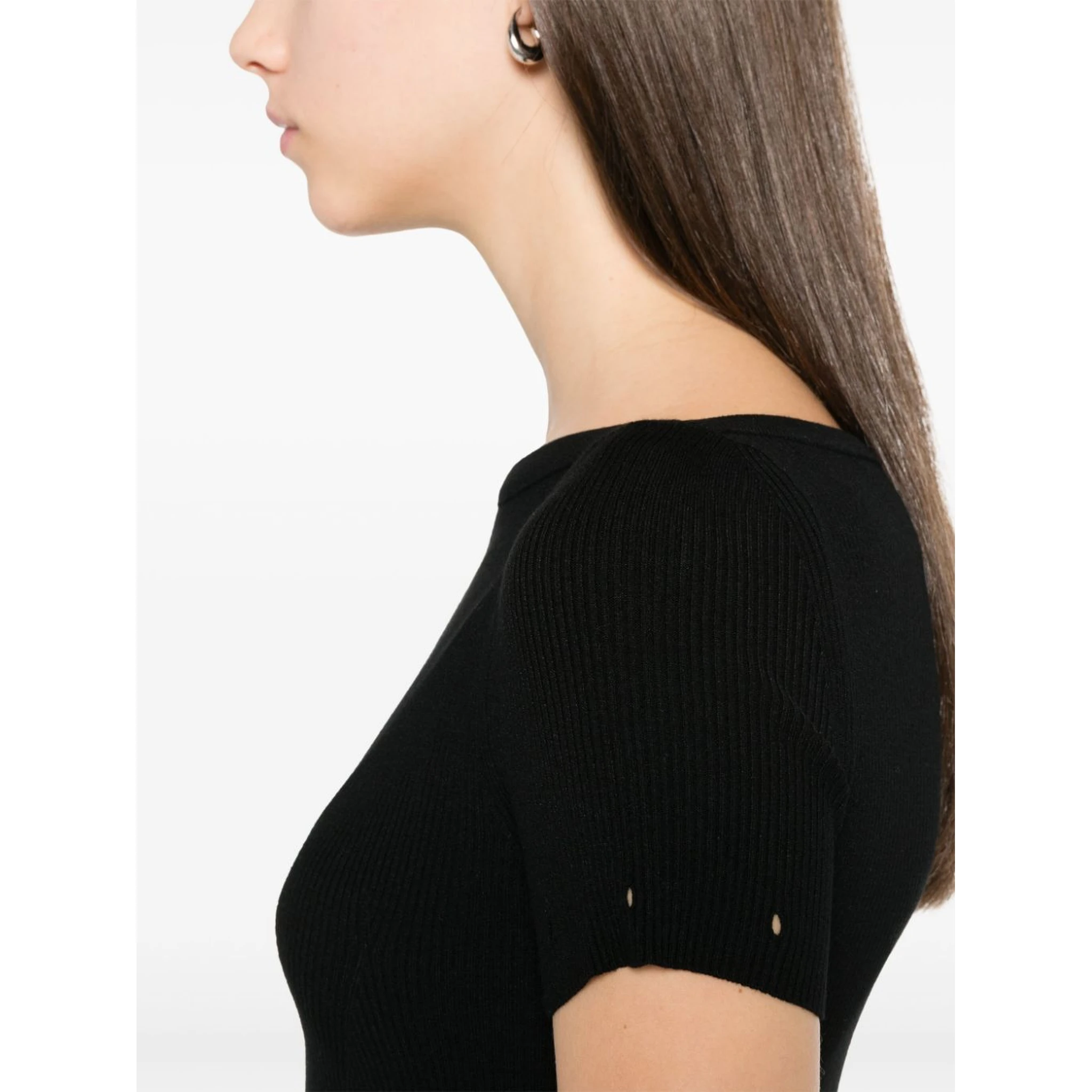 Sportmax Sleeve Button Detail Off-shoulder Ribbed Sheer Dress In Black