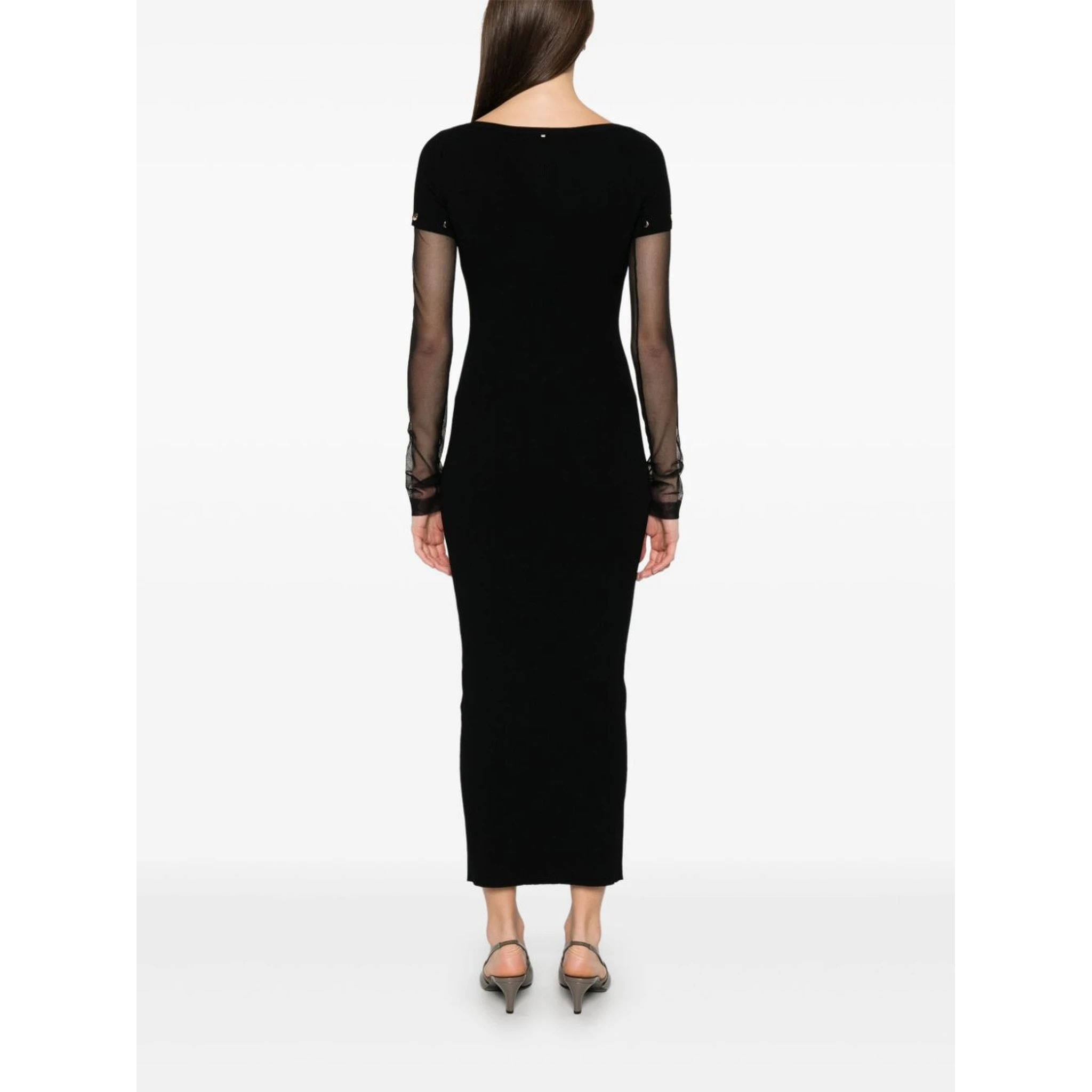 Sportmax Sleeve Button Detail Off-shoulder Ribbed Sheer Dress In Black