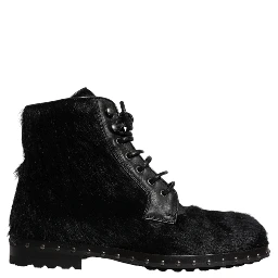 Black Pony Style Leather Mid Calf Boots Shoes
