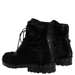 Black Pony Style Leather Mid Calf Boots Shoes