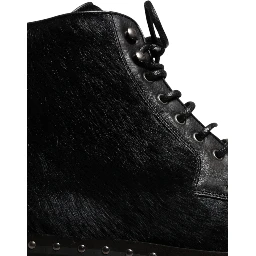 Black Pony Style Leather Mid Calf Boots Shoes