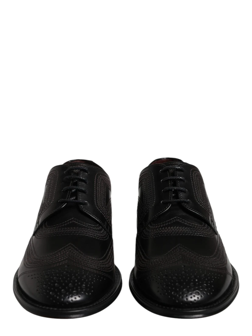 Black Embroidered Classic Leather Derby Dress Shoes