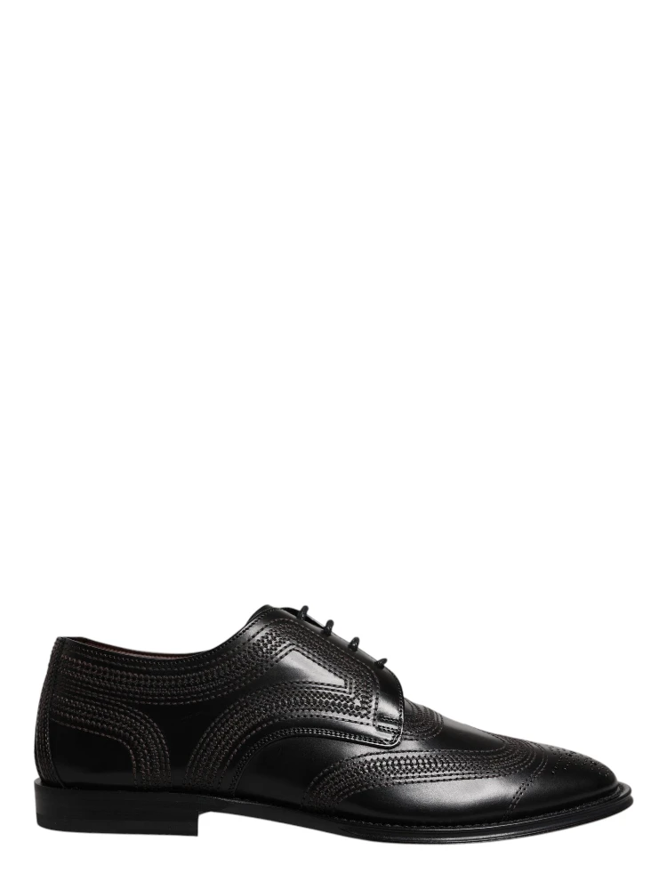 Black Embroidered Classic Leather Derby Dress Shoes