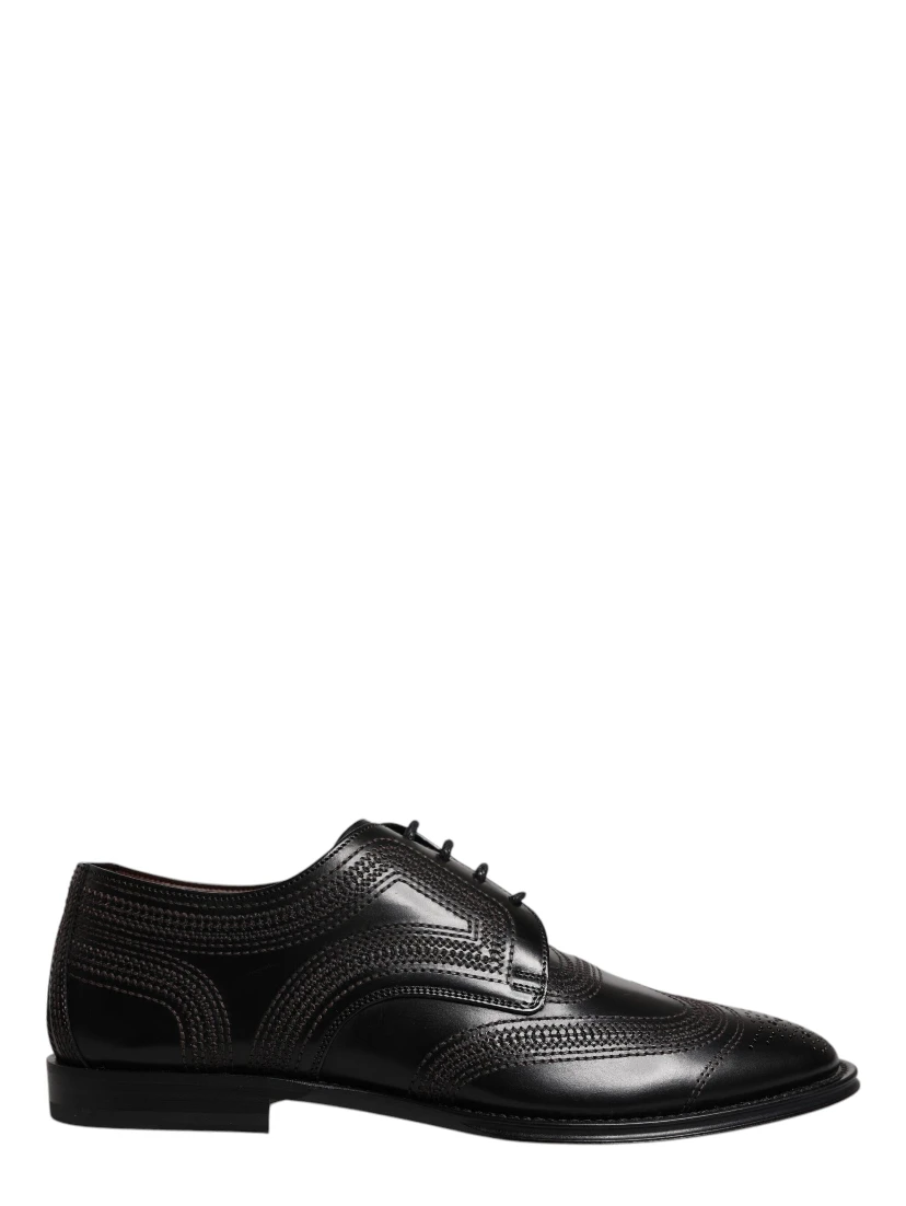 Black Embroidered Classic Leather Derby Dress Shoes