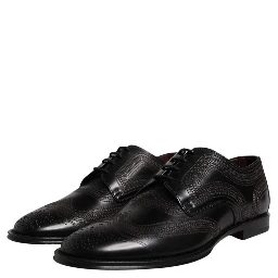 Black Embroidered Classic Leather Derby Dress Shoes