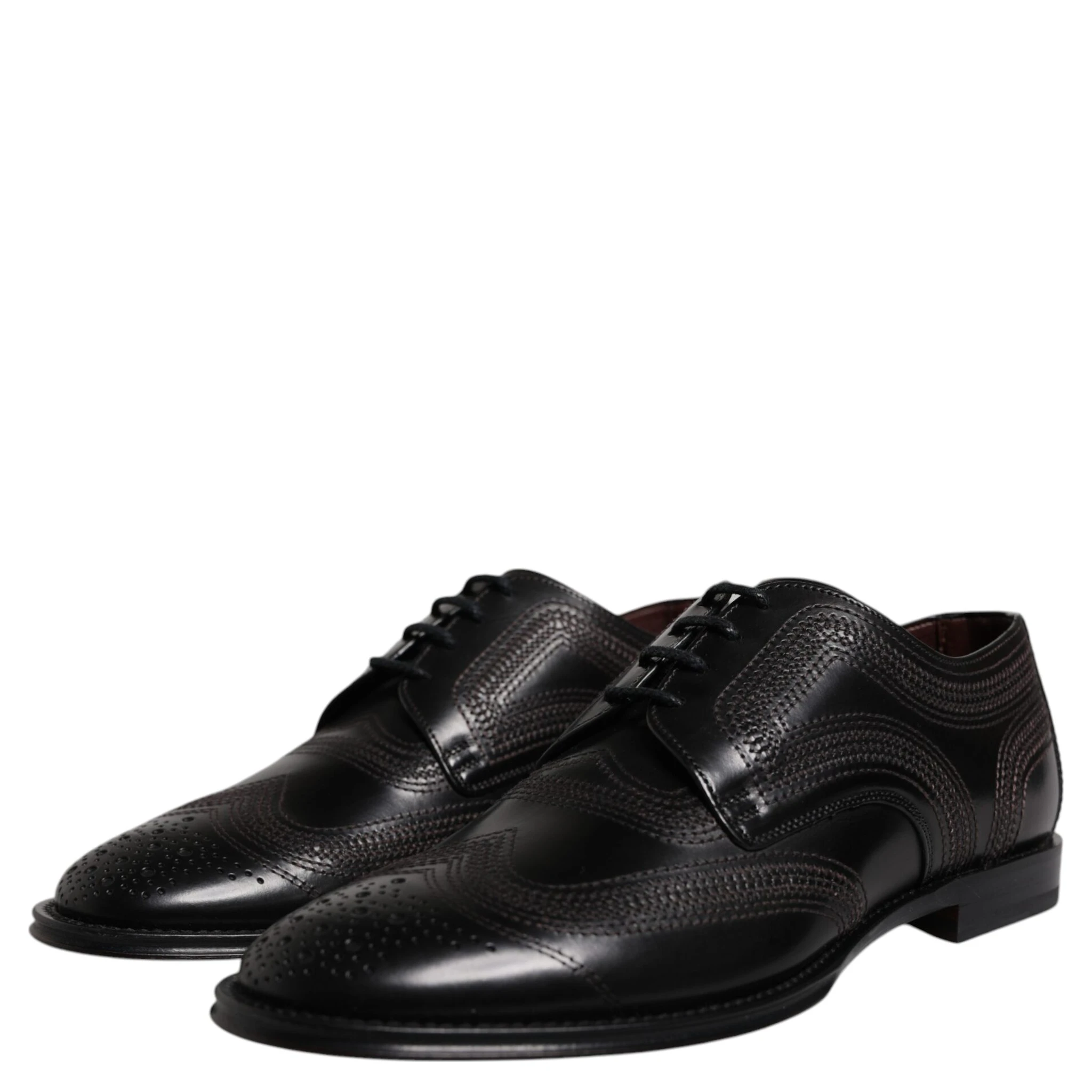 Black Embroidered Classic Leather Derby Dress Shoes