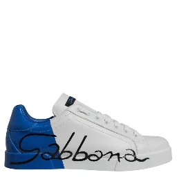White Blue Leather Logo Low Top Sneakers Shoes