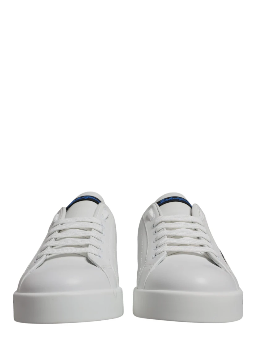 White Blue Leather Logo Low Top Sneakers Shoes