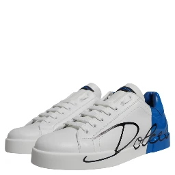 White Blue Leather Logo Low Top Sneakers Shoes