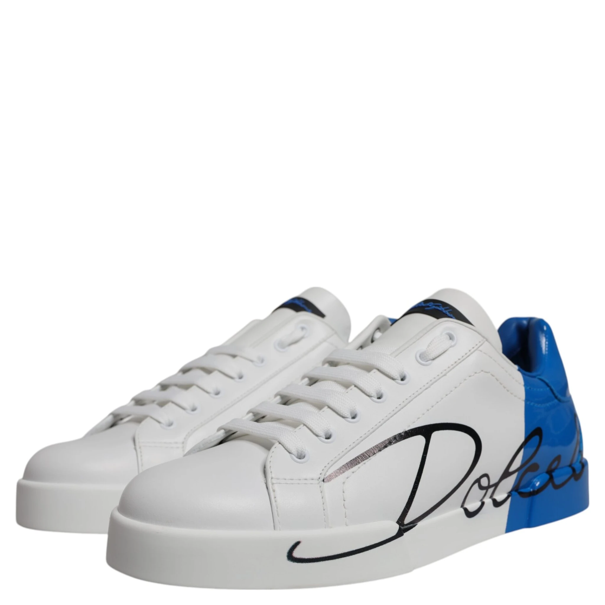 White Blue Leather Logo Low Top Sneakers Shoes