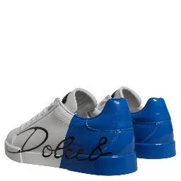White Blue Leather Logo Low Top Sneakers Shoes