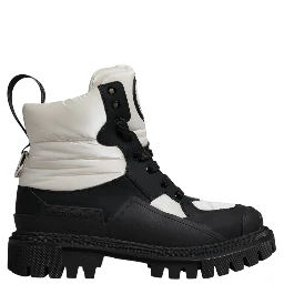 Black White Padded Mid Calf Lace Up Boots Shoes