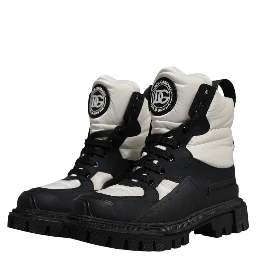 Black White Padded Mid Calf Lace Up Boots Shoes