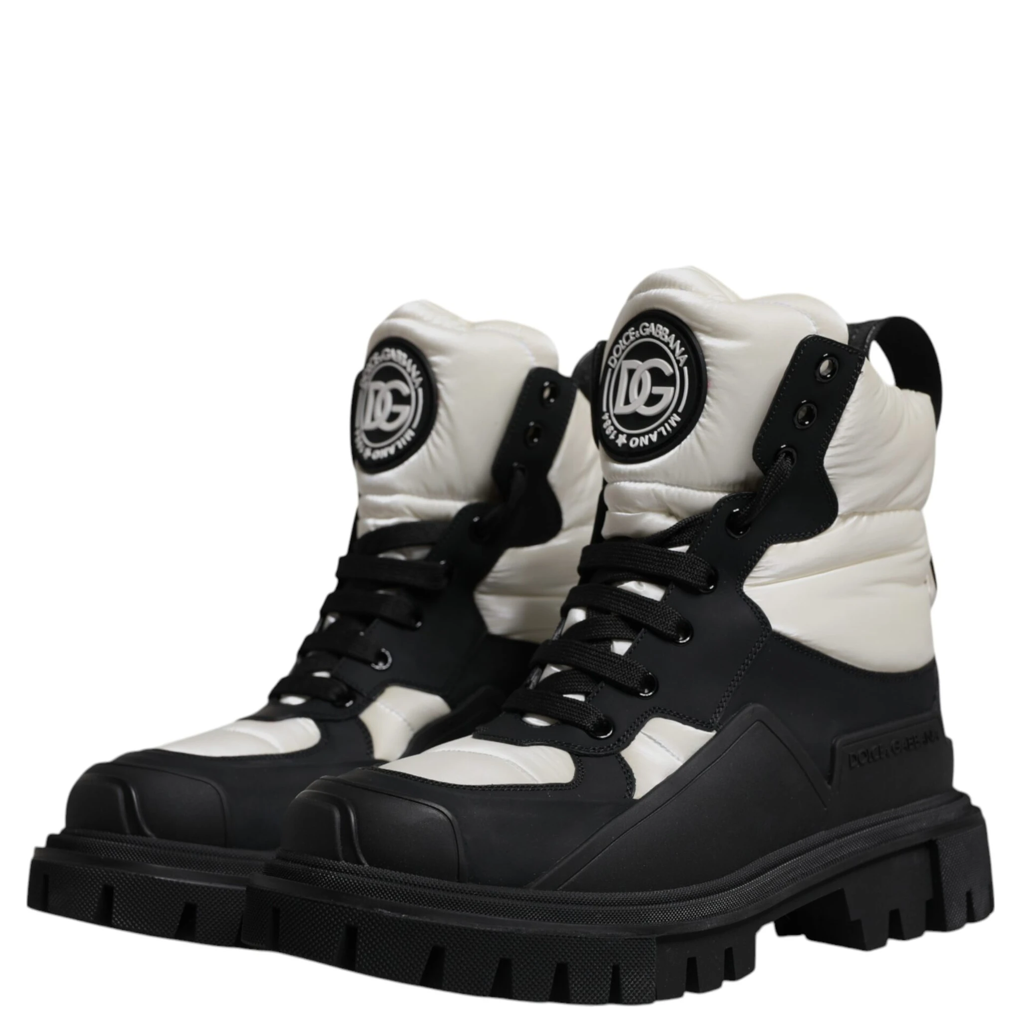 Black White Padded Mid Calf Lace Up Boots Shoes