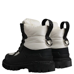 Black White Padded Mid Calf Lace Up Boots Shoes