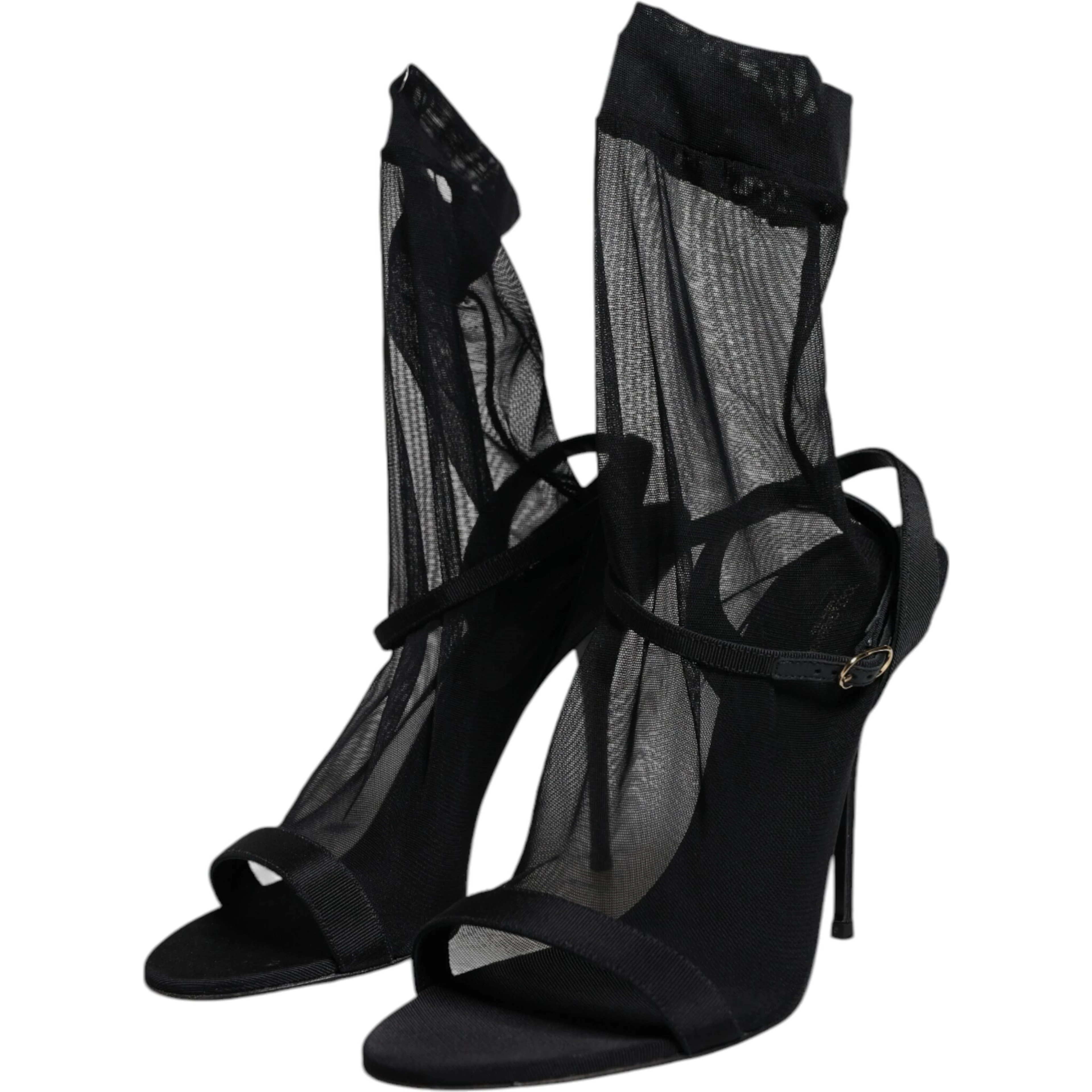 Black Tulle Stretch Heels Sandals Shoes