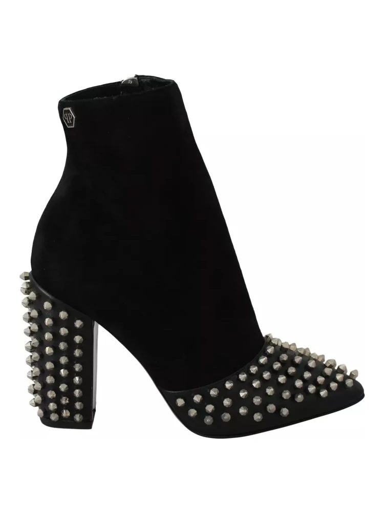 Black Suede Studded Heels Ankle Boots Shoes