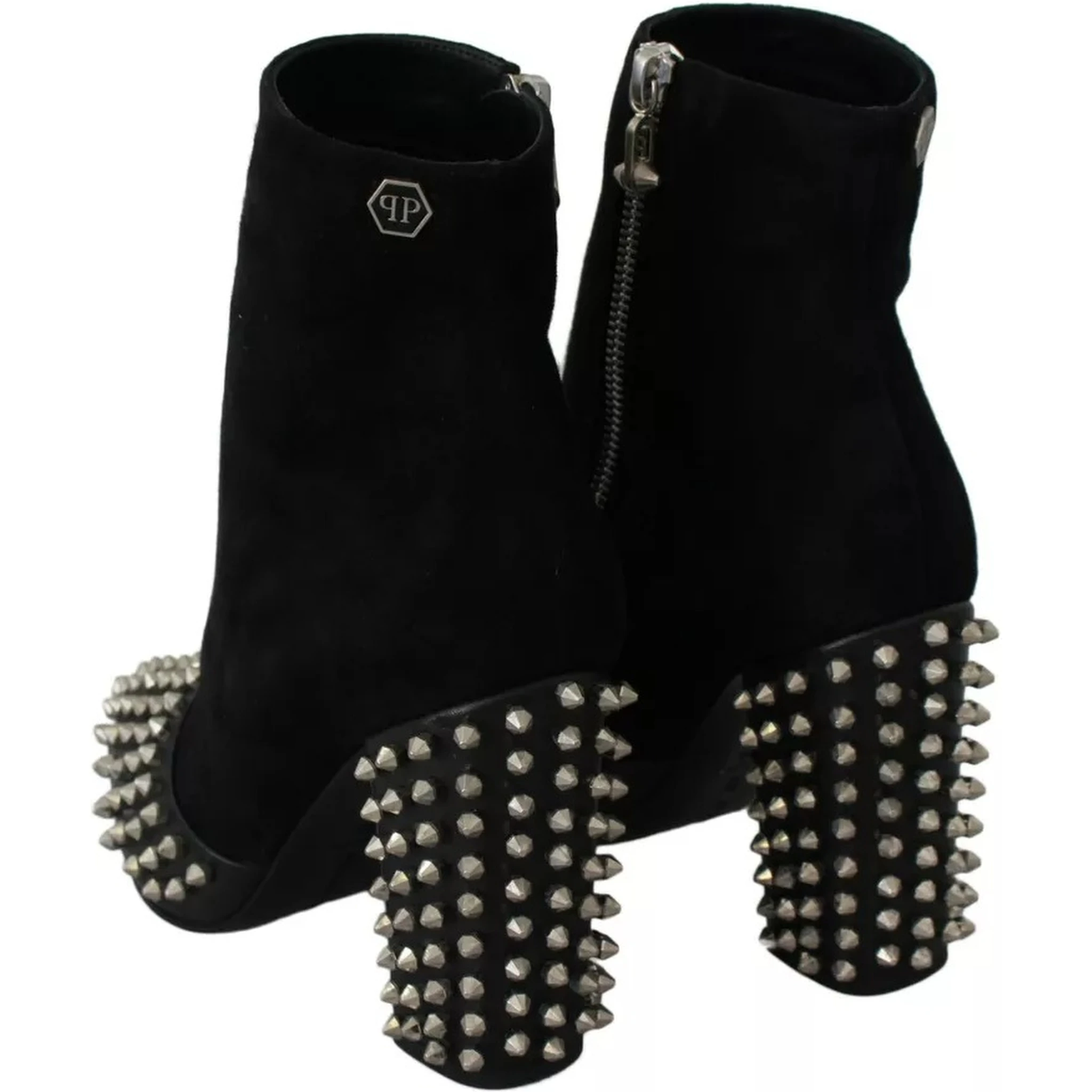 Black Suede Studded Heels Ankle Boots Shoes