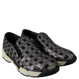 Silver Black Slip-on Sequence Design Sneakers Shoes