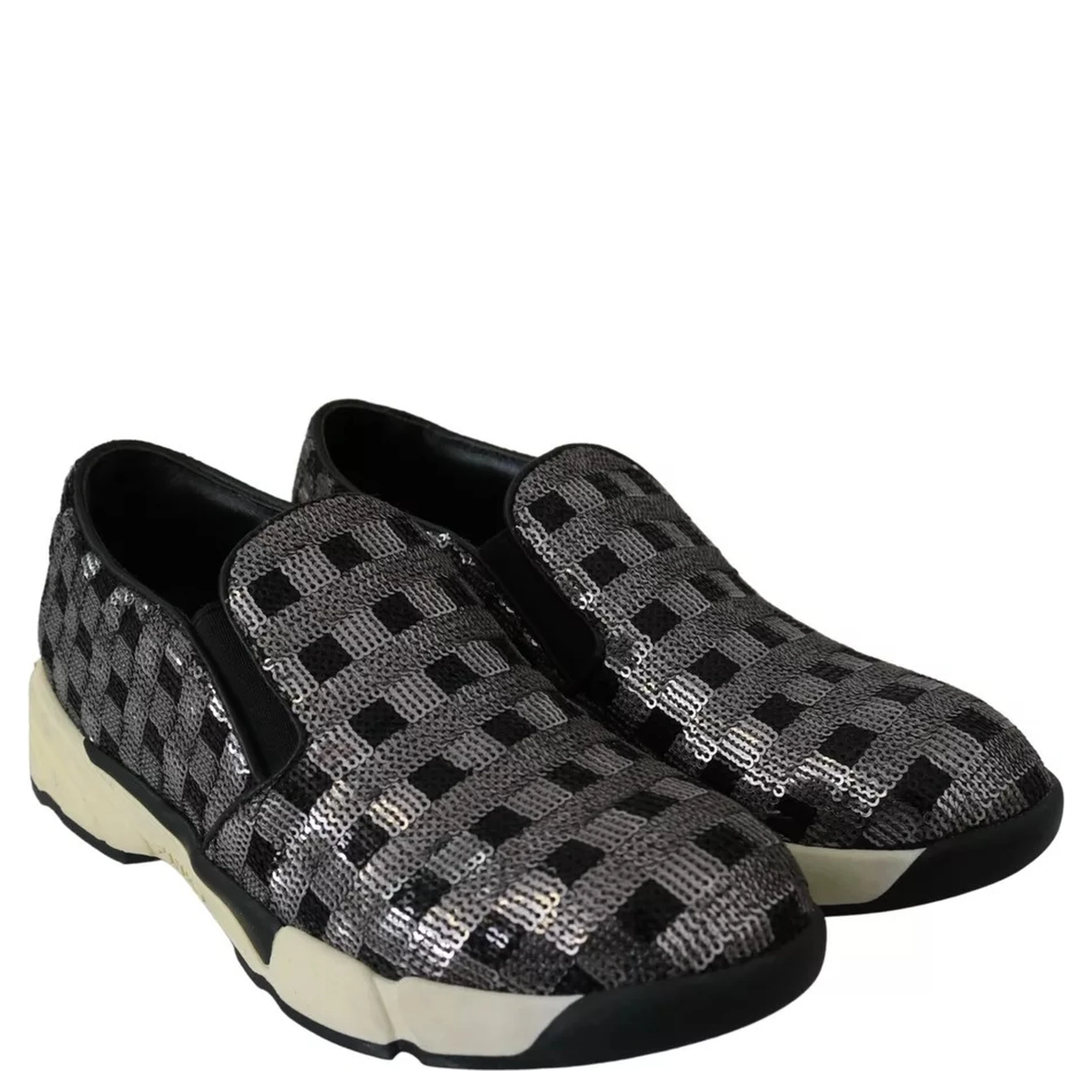 Silver Black Slip-on Sequence Design Sneakers Shoes