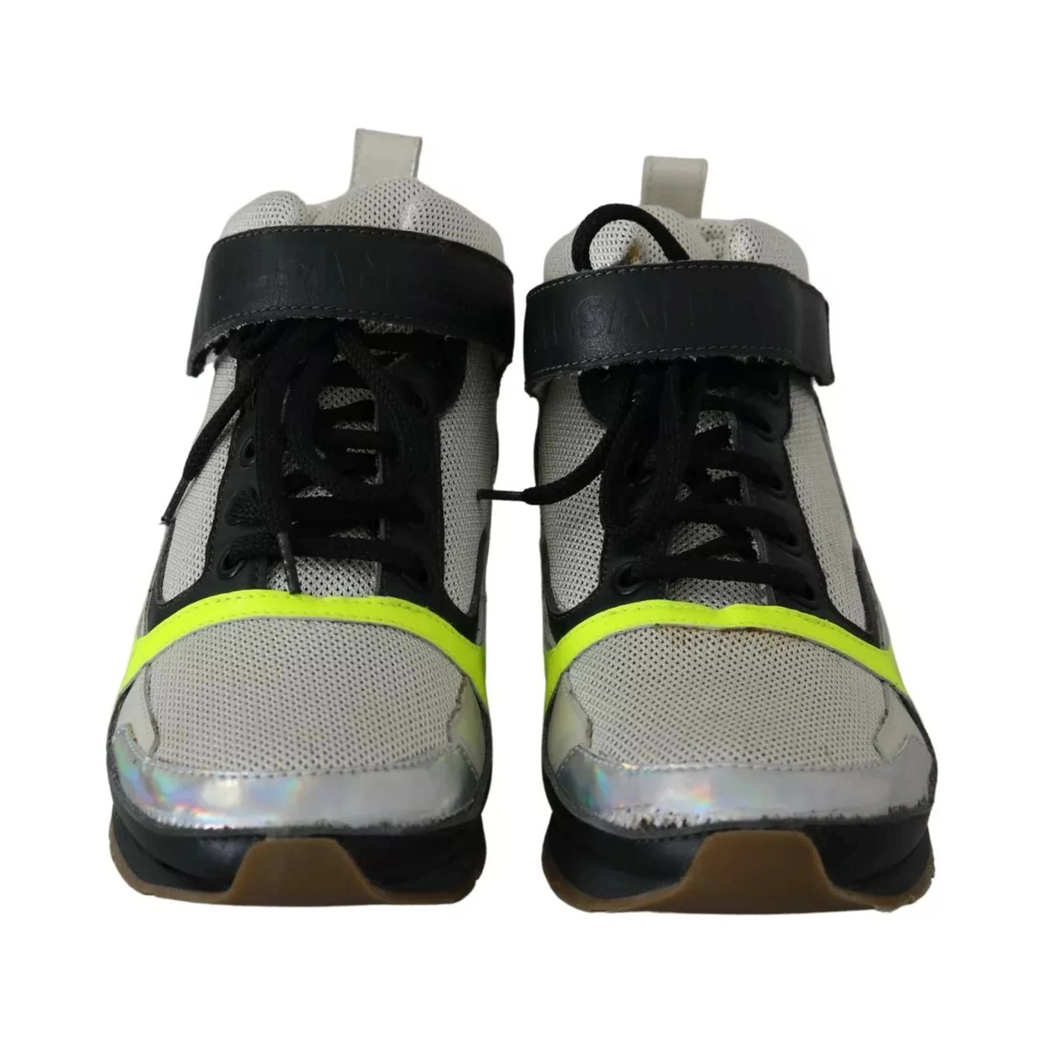 Fog Gray Neon Green Black Lace-Up Strap Shoes