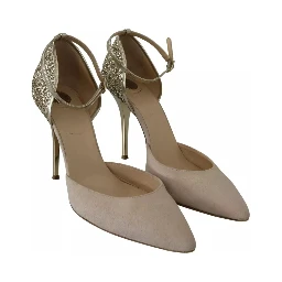 Beige Linen Ankle Strap High Heels Shoes