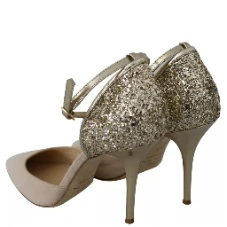 Beige Linen Ankle Strap High Heels Shoes