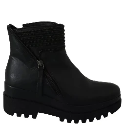 Black Leather Zipper Ankle Boots Shoes