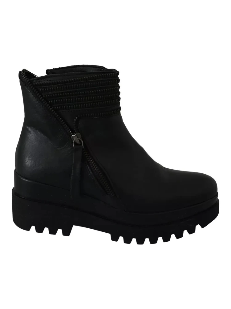 Black Leather Zipper Ankle Boots Shoes