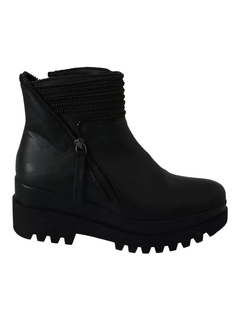 Black Leather Zipper Ankle Boots Shoes