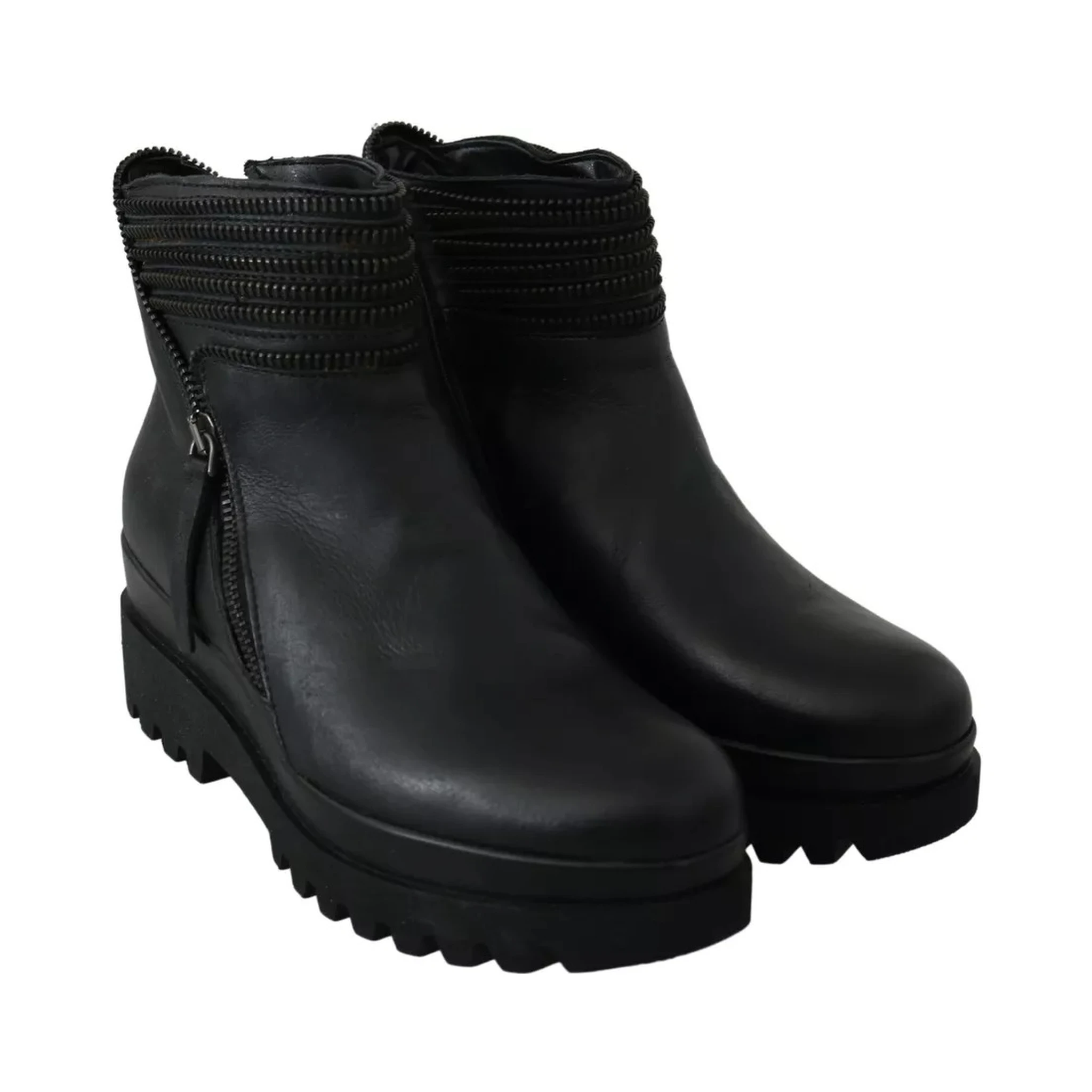 Black Leather Zipper Ankle Boots Shoes