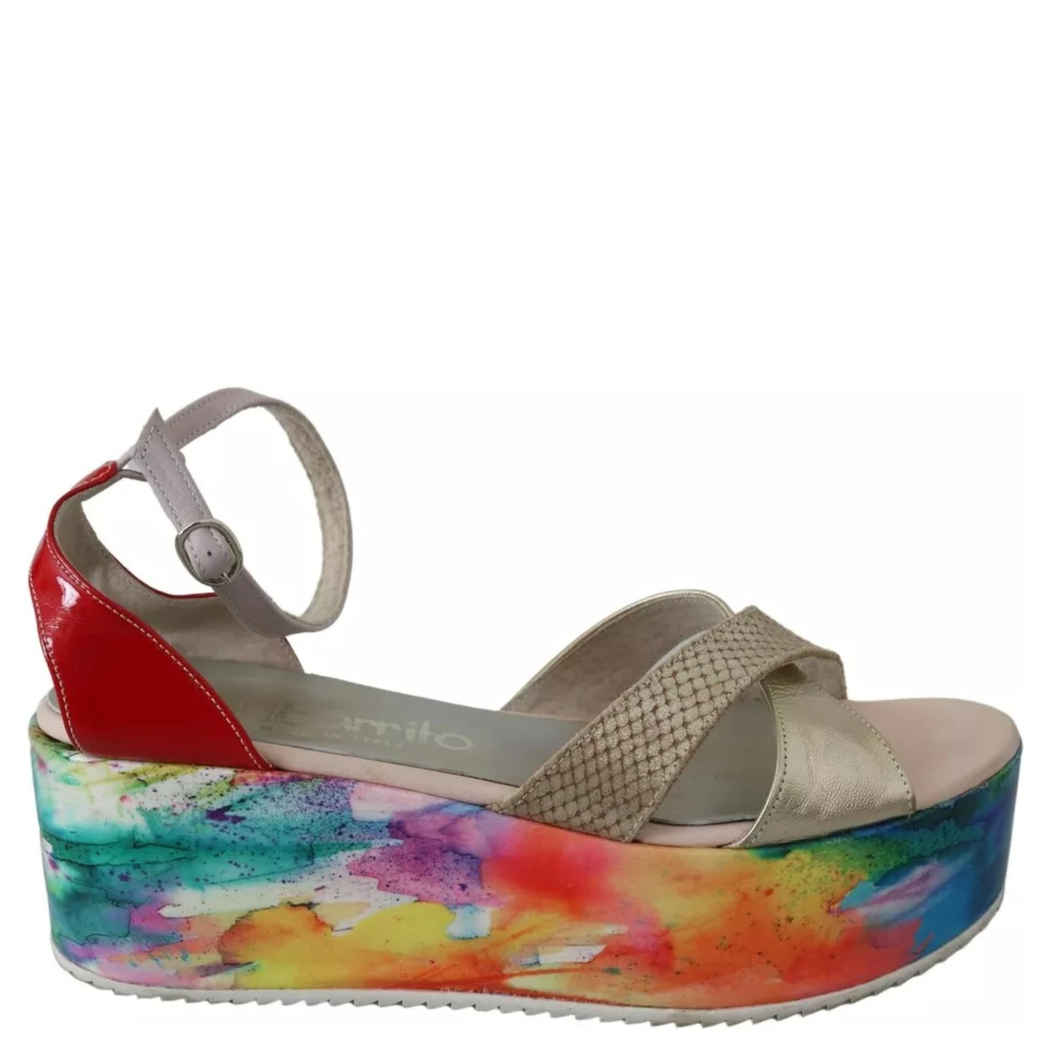 Multicolor Leather Ankle Strap Wedge Heel Sandals Shoes
