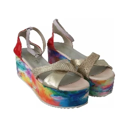 Multicolor Leather Ankle Strap Wedge Heel Sandals Shoes