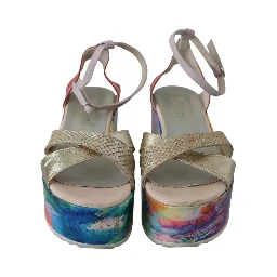 Multicolor Leather Ankle Strap Wedge Heel Sandals Shoes