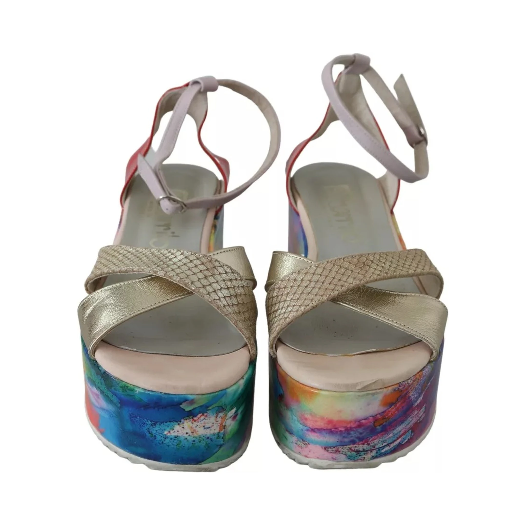 Multicolor Leather Ankle Strap Wedge Heel Sandals Shoes