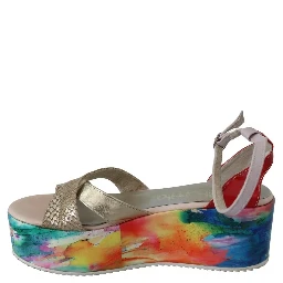Multicolor Leather Ankle Strap Wedge Heel Sandals Shoes