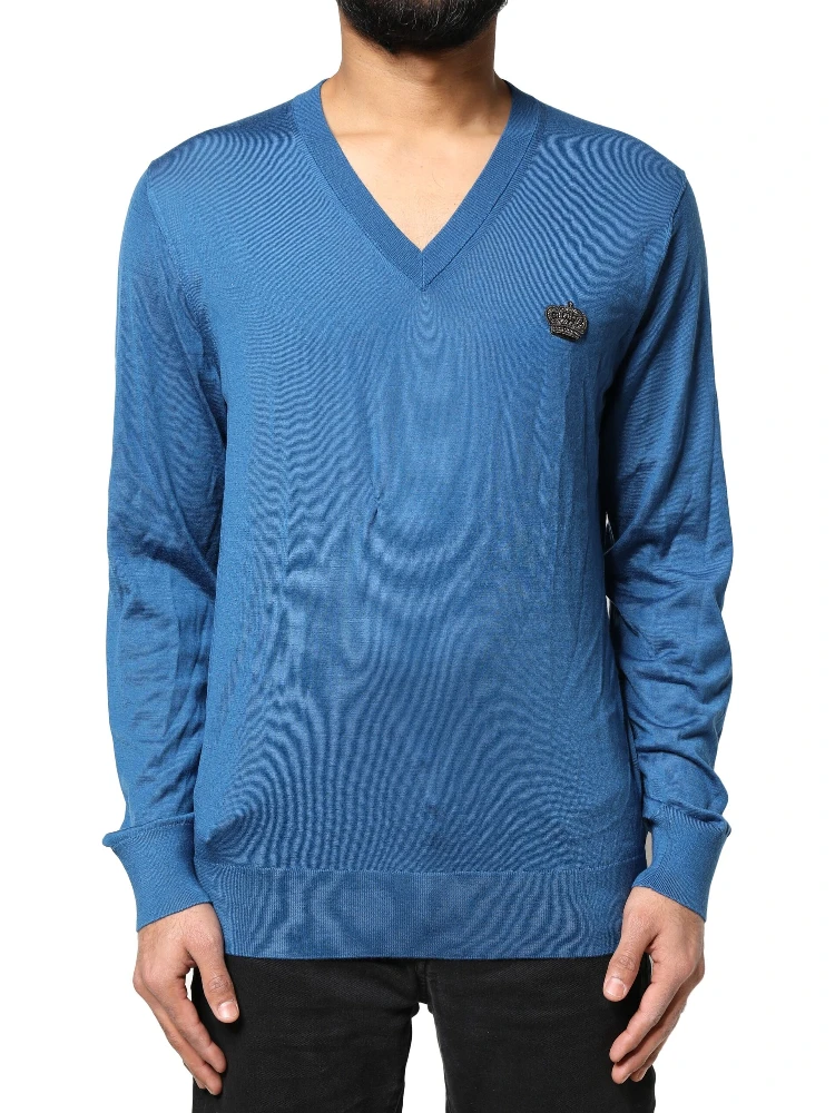 Blue Cashmere Crown V-neck Pullover Sweater