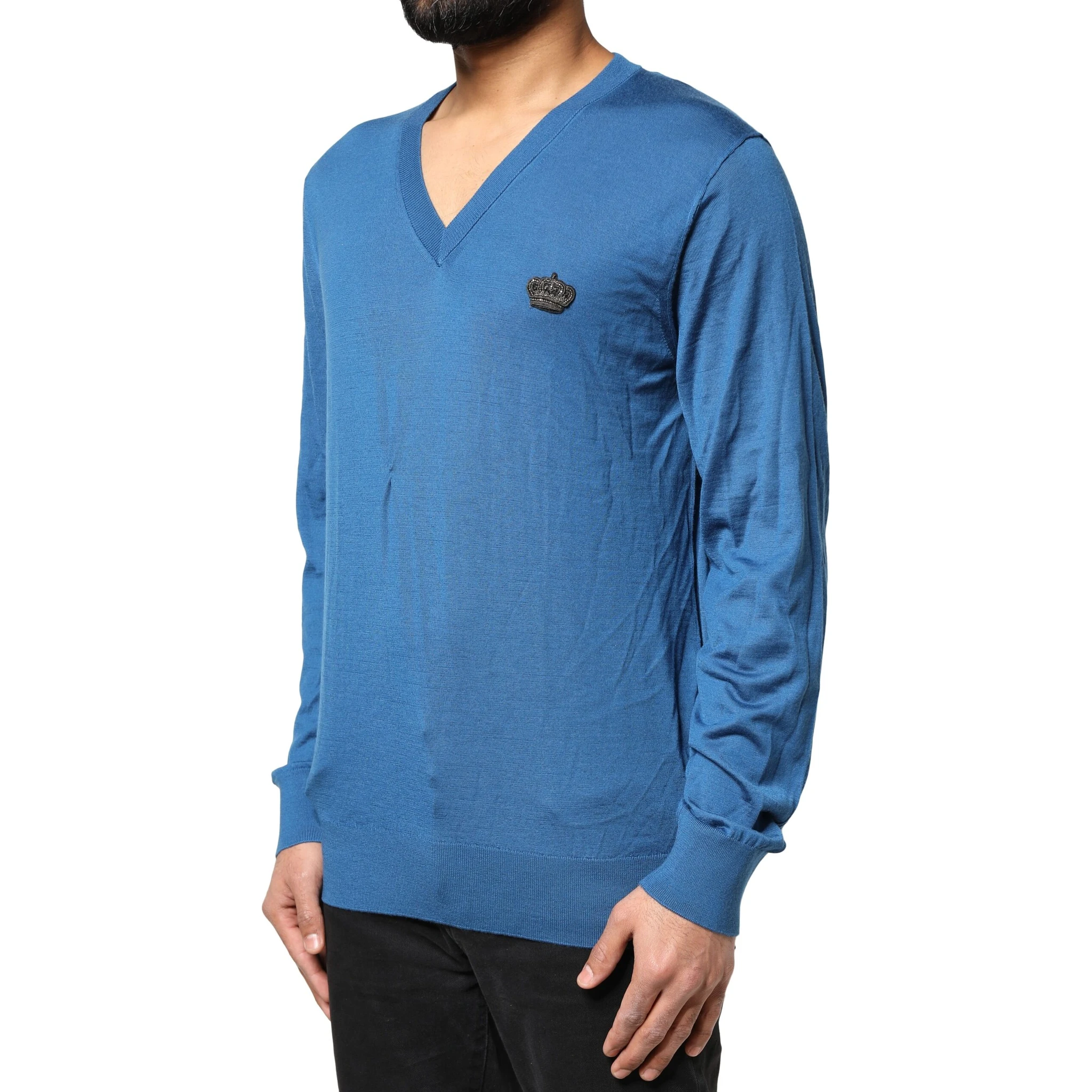 Blue Cashmere Crown V-neck Pullover Sweater