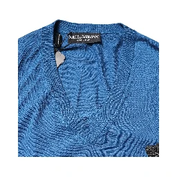 Blue Cashmere Crown V-neck Pullover Sweater