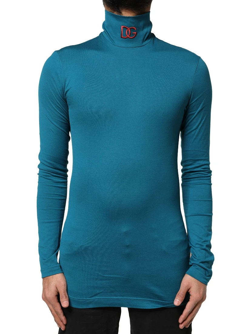Blue Cotton Turtleneck Long Sleeves Sweater