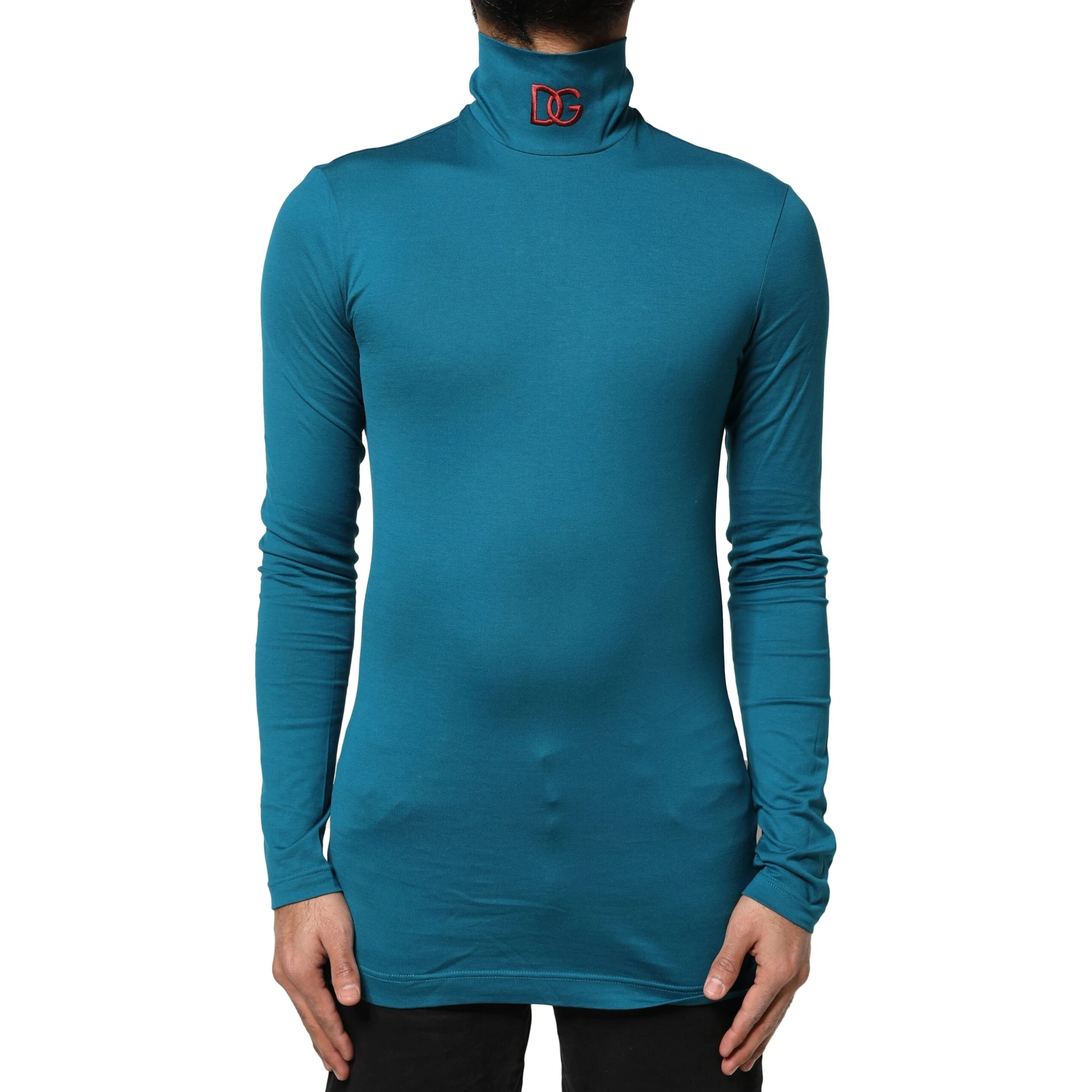 Blue Cotton Turtleneck Long Sleeves Sweater