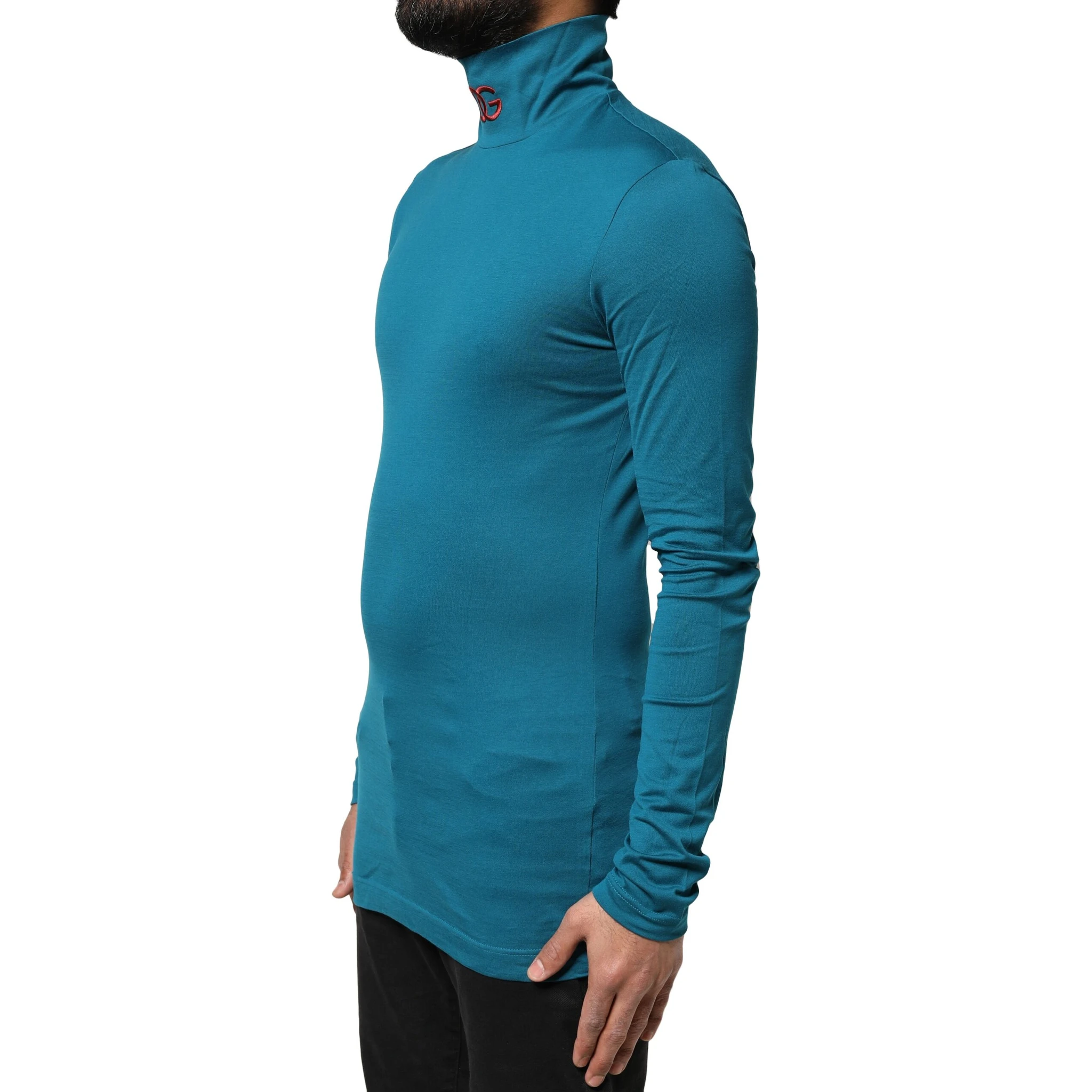 Blue Cotton Turtleneck Long Sleeves Sweater