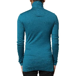 Blue Cotton Turtleneck Long Sleeves Sweater