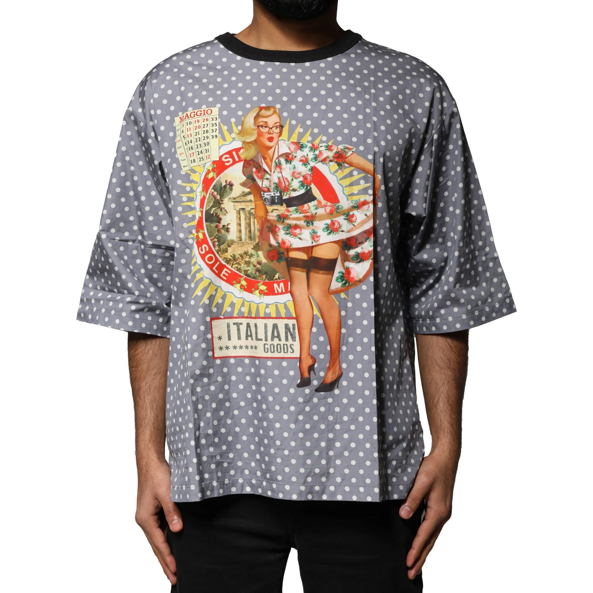 Gray Polka Dot Pin-Up Print Crew Neck T-shirt